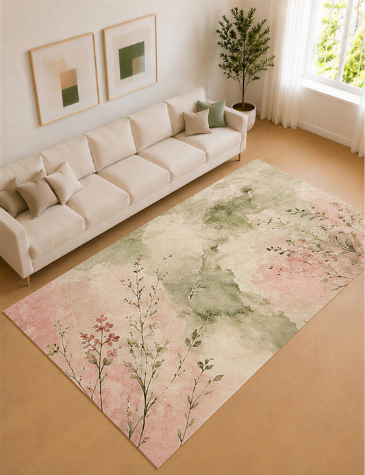 ICE ARMOR Large 6'7" x 9'10" Sage Green and Blush Watercolor Garden Area Rug for Living Room, Soft Low Pile Carpet with Non-Slip Silicone Backing, Decor for Bedroom and Home Office