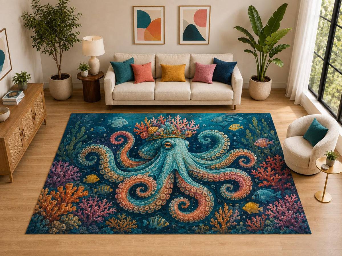 ICE ARMOR "Ultra Light Weight Large 6'7" x 9'10" Crown Octopus Reef Rug for Living Room, Soft Low Pile Indoor Rug and Non-Slip Silicone Backing, Teal