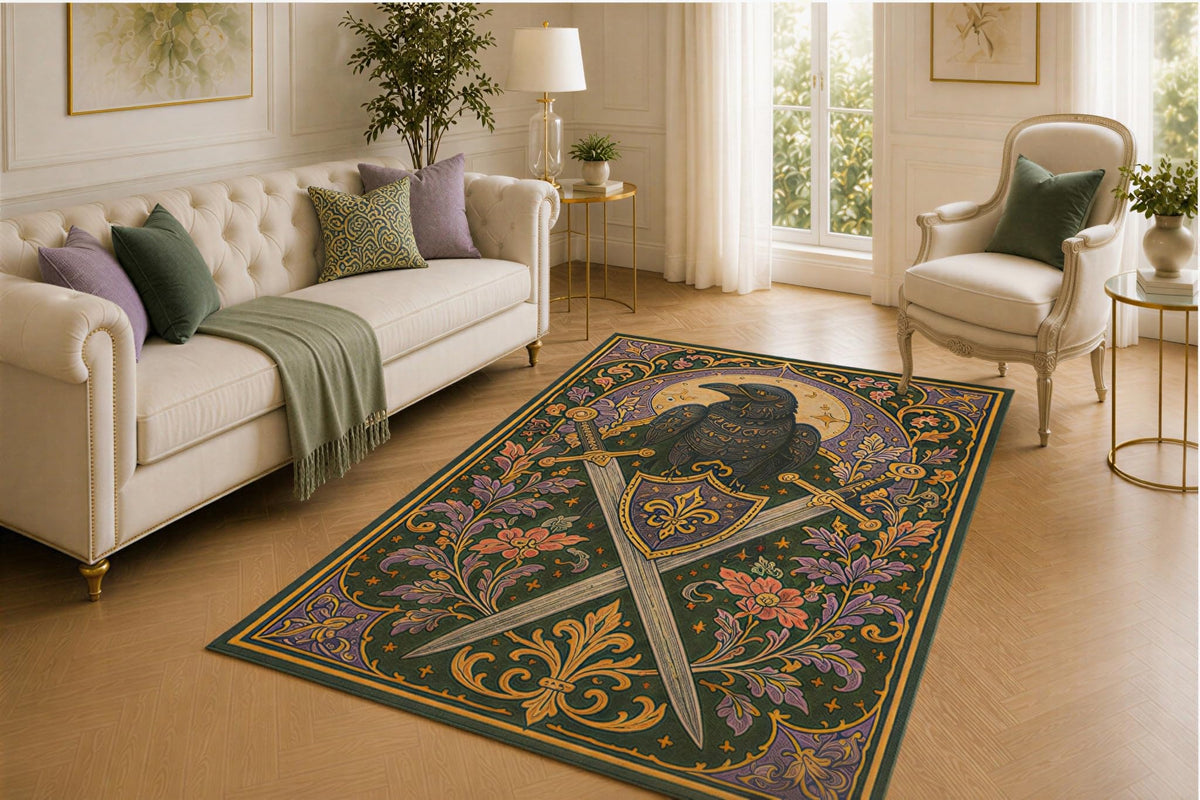 ICE ARMOR 5' x 7' Raven Sword Rug, Crossed Blade Shield and Floral Crest Design, Smooth Printed Floor Cover for Bedroom, Study, Library and Medieval Gothic Decor