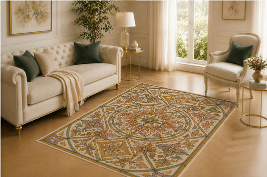 ICE ARMOR 5' x 7' Floral Rose Window Rug, Stained Glass Botanical Mosaic, Smooth Printed Floor Cover for Living Room, Bedroom, Foyer and Cottage Decor