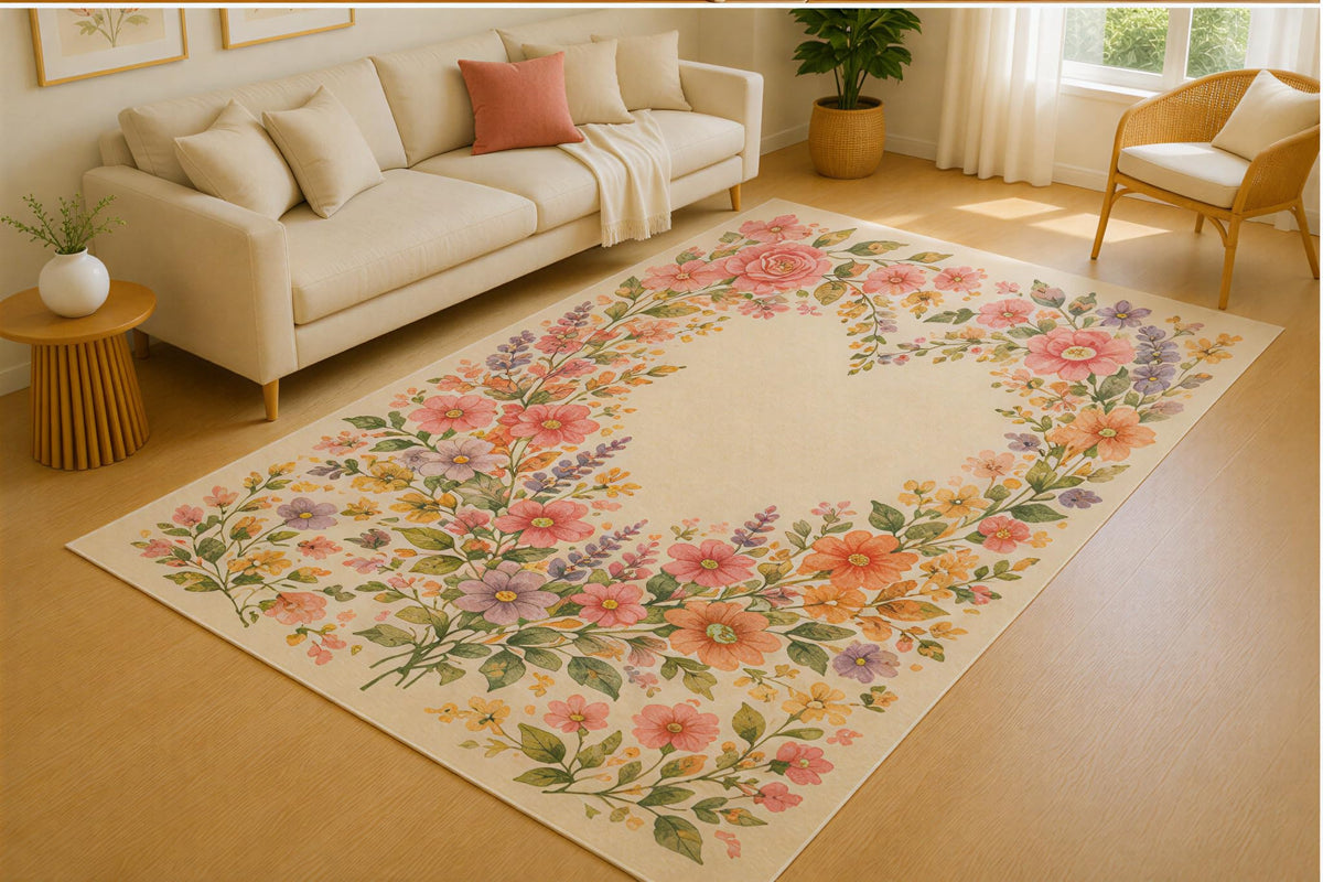 ICE ARMOR 5' x 7' Floral Heart Wreath Area Rug for Living Room, Soft Low Pile Indoor Rug with Non-Slip Silicone Backing, Decorative Botanical Carpet for Bedroom, Dining Room, Office, Cream Pink
