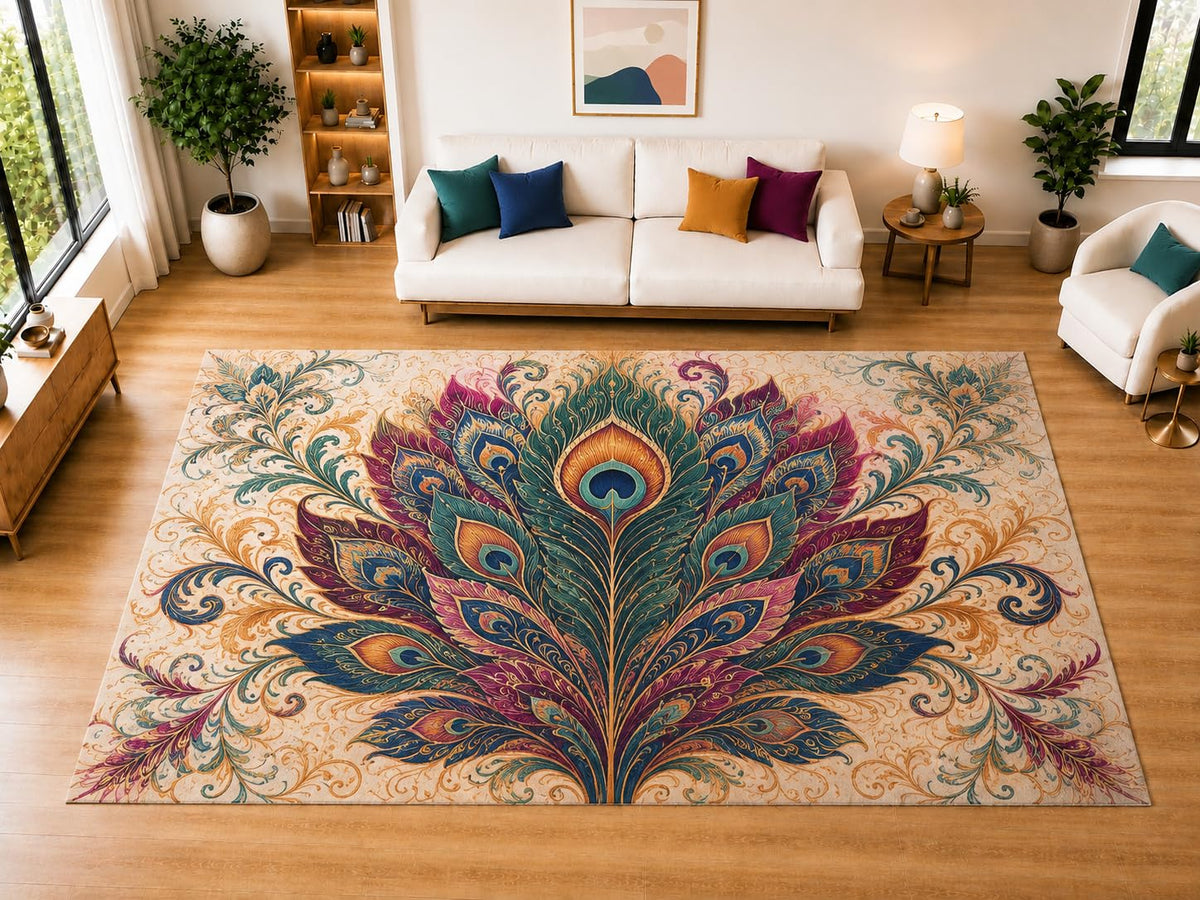 ICE ARMOR "Ultra Light Weight Large 6'7" x 9'10" Peacock Feather Fan Area Rug for Living Room, Bedroom, Dining Room, Soft Low Pile Non-Slip Backing, Teal Magenta Orange