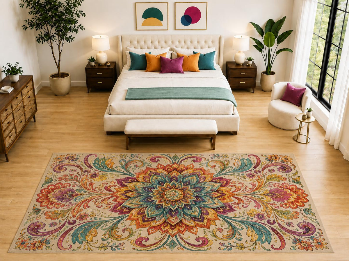 ICE ARMOR "Ultra Light Weight Large 6'7" x 9'10" Boho Floral Mandala Rug, Soft Low Pile Indoor Rug, Non-Slip Silicone Backing for Bedroom Beige