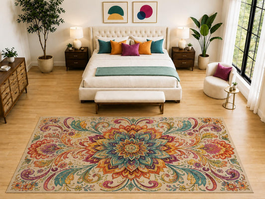 ICE ARMOR "Ultra Light Weight Large 6'7" x 9'10" Boho Floral Mandala Rug, Soft Low Pile Indoor Rug, Non-Slip Silicone Backing for Bedroom Beige