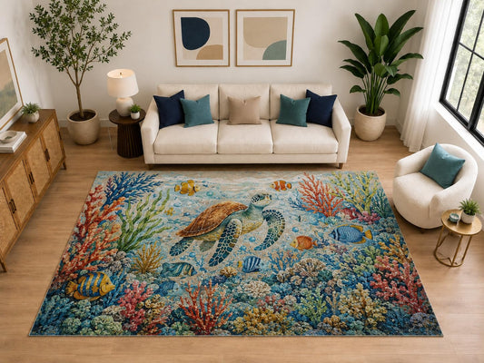 ICE ARMOR "Ultra Light Weight Large 6'7" x 9'10" Sea Turtle Reef for Family Room, Soft Low Pile Indoor Rug and Non-Slip Silicone Backing, Blue Beige