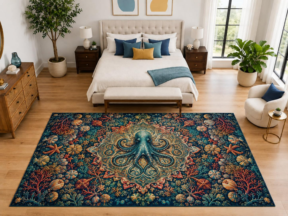 ICE ARMOR "Ultra Light Weight Large 6'7" x 9'10" Octopus Mandala Coral Reef Area Rug, Soft Low Pile Indoor Rug and Non-Slip Silicone Backing, Teal