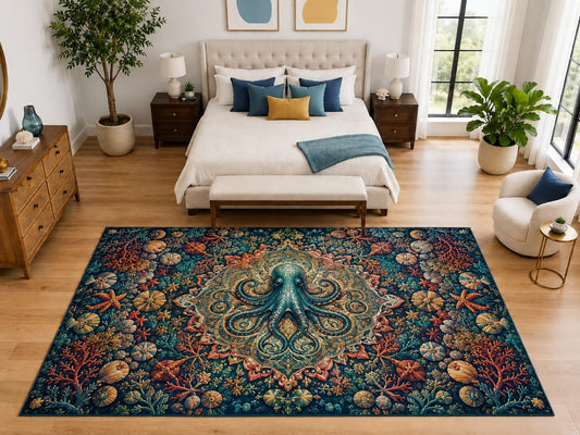 ICE ARMOR "Ultra Light Weight Large 6'7" x 9'10" Octopus Mandala Coral Reef Area Rug, Soft Low Pile Indoor Rug and Non-Slip Silicone Backing, Teal