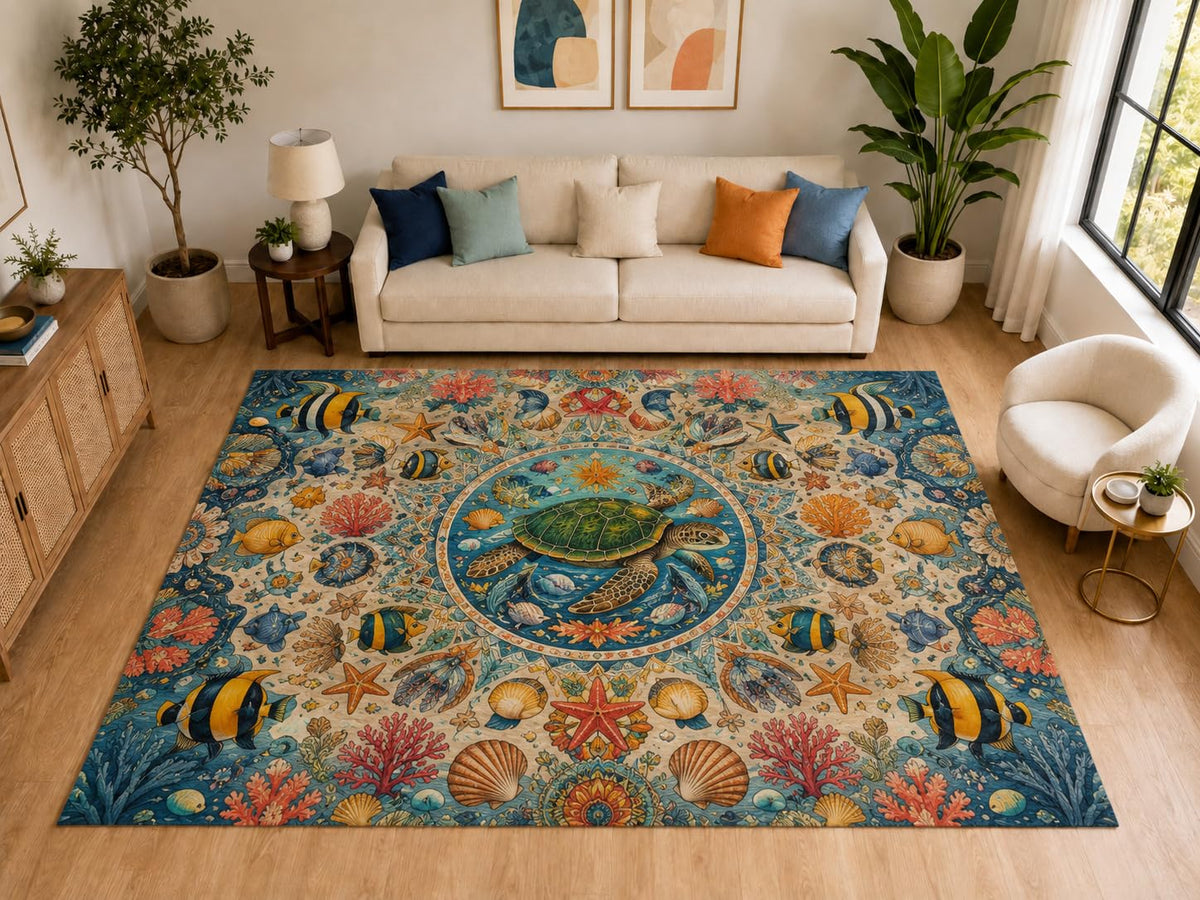 ICE ARMOR "Ultra Light Weight Large 6'7" x 9'10" Sea Turtle Mandala Reef Area Rug for Living Room, Soft Low Pile Indoor Rug and Non-Slip Silicone Backing, Beige Blue