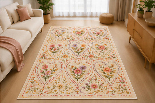 ICE ARMOR 5' x 7' Vintage Floral Heart Block Area Rug for Living Room, Soft Low Pile Indoor Rug with Non-Slip Silicone Backing, Patchwork Carpet for Bedroom, Dining Room, Office, Cream Pink