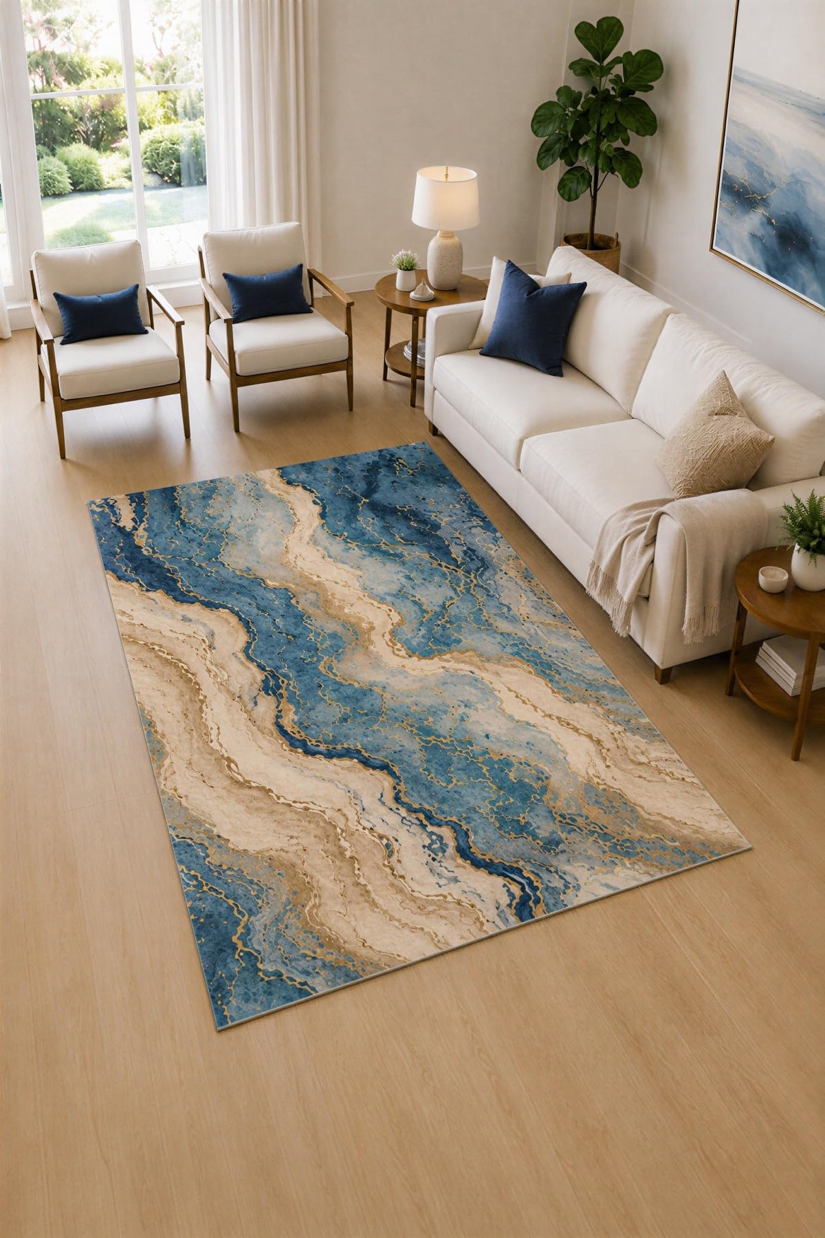 ICE ARMOR 5' x 7' Blue and Cream Marble Drift Area Rug for Living Room, Soft Low Pile Carpet with Non-Slip Silicone Backing, Decor for Bedroom and Home Office