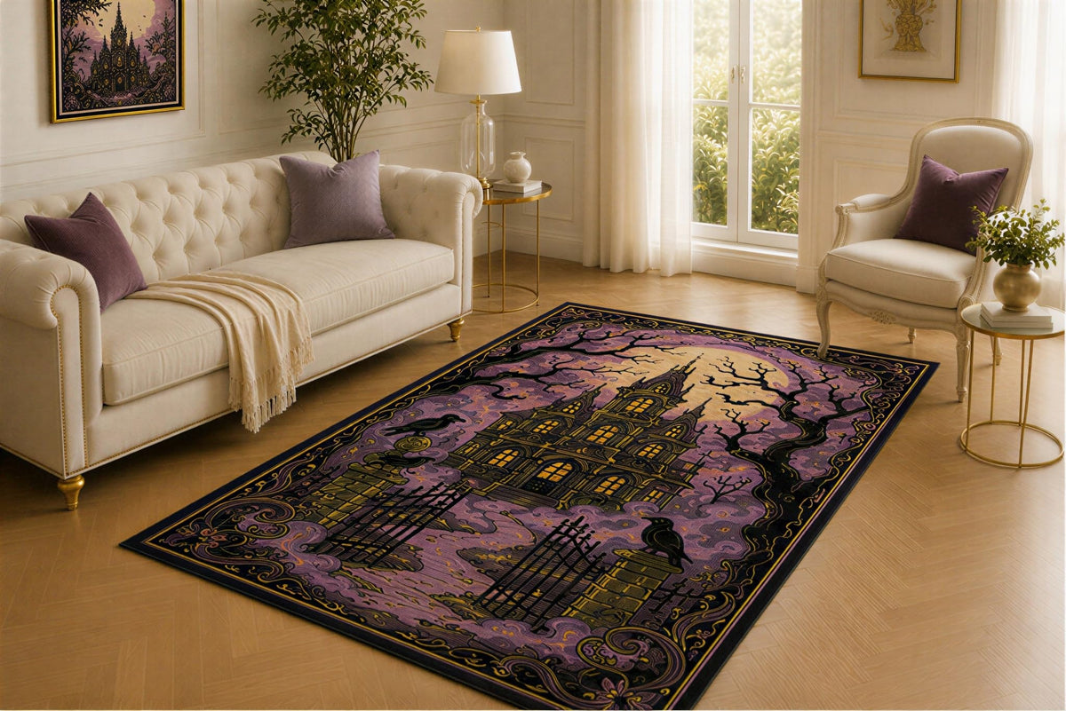 ICE ARMOR 5' x 7' Haunted Mansion Rug, Purple Moonlit Castle and Raven Gate Artwork, Smooth Printed Floor Cover for Lounge, Bedroom, Office and Halloween Decor