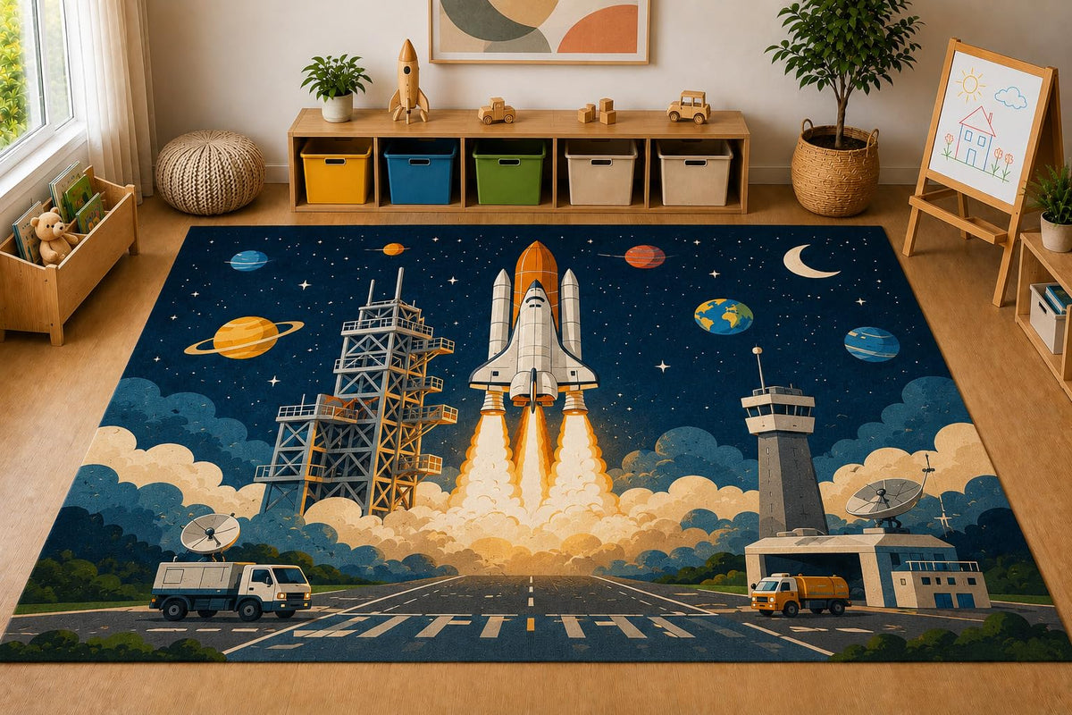 ICE ARMOR Large 6'7" x 9'10" Space Shuttle Launch Area Rug, Soft Low Pile Indoor Rug with Non-Slip Silicone Backing for Kids Room Playroom, Navy Blue