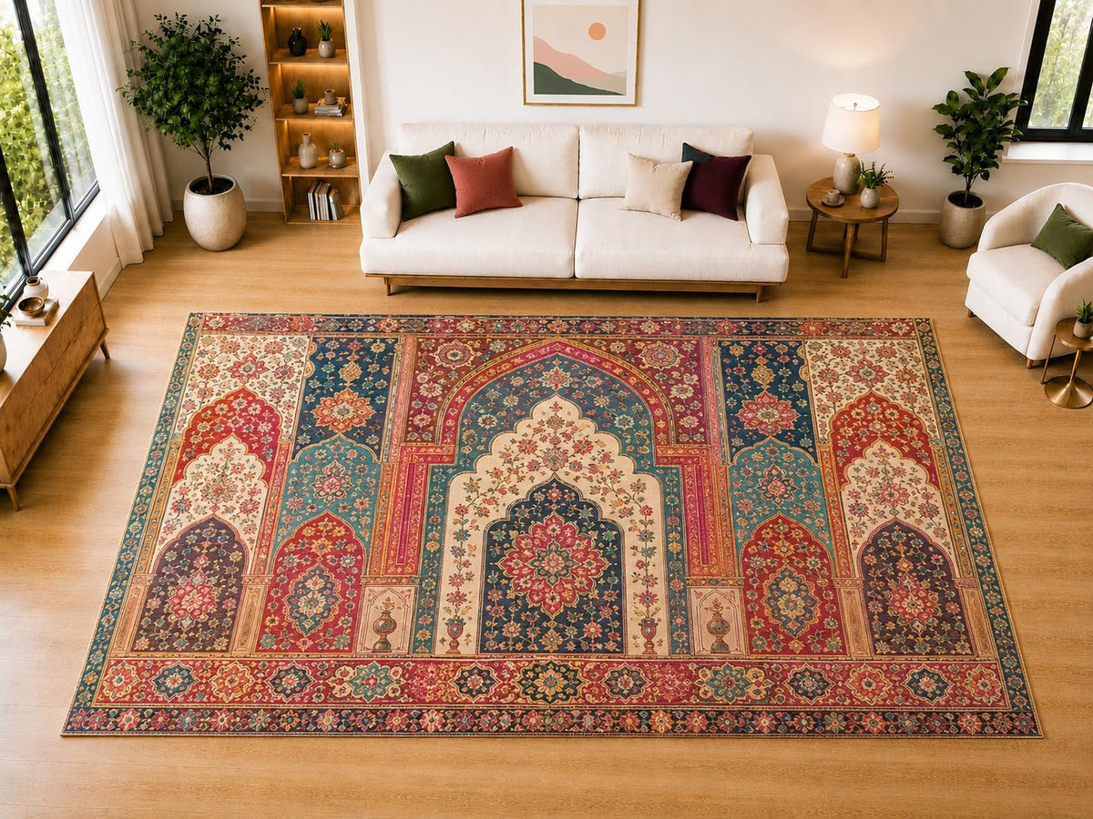 ICE ARMOR "Ultra Light Weight Large 6'7" x 9'10" Arch Floral Panel Area Rug for Living Room Bedroom Dining Room, Soft Low Pile Non-Slip Backing, Red Teal Navy Cream Traditional Ornamental Decor