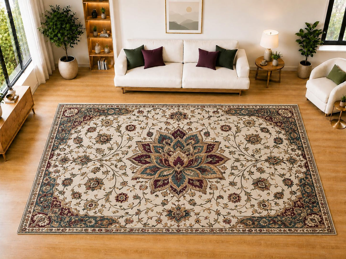 ICE ARMOR "Ultra Light Weight Large 6'7" x 9'10" Traditional Burgundy Lotus Area Rug for Living Room, Bedroom, Dining Room, Soft Low Pile Non-Slip Backing, Burgundy Teal Cream