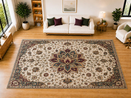 ICE ARMOR "Ultra Light Weight Large 6'7" x 9'10" Traditional Burgundy Lotus Area Rug for Living Room, Bedroom, Dining Room, Soft Low Pile Non-Slip Backing, Burgundy Teal Cream