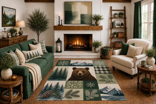 ICE ARMOR "Ultra Light Weight 5' x 7' Brown Bear Patchwork Area Rug, Rustic Evergreen Pine Mountain Cabin Lodge Art for Living Room Bedroom Farmhouse, Non-Slip Silicone Backing Low Pile