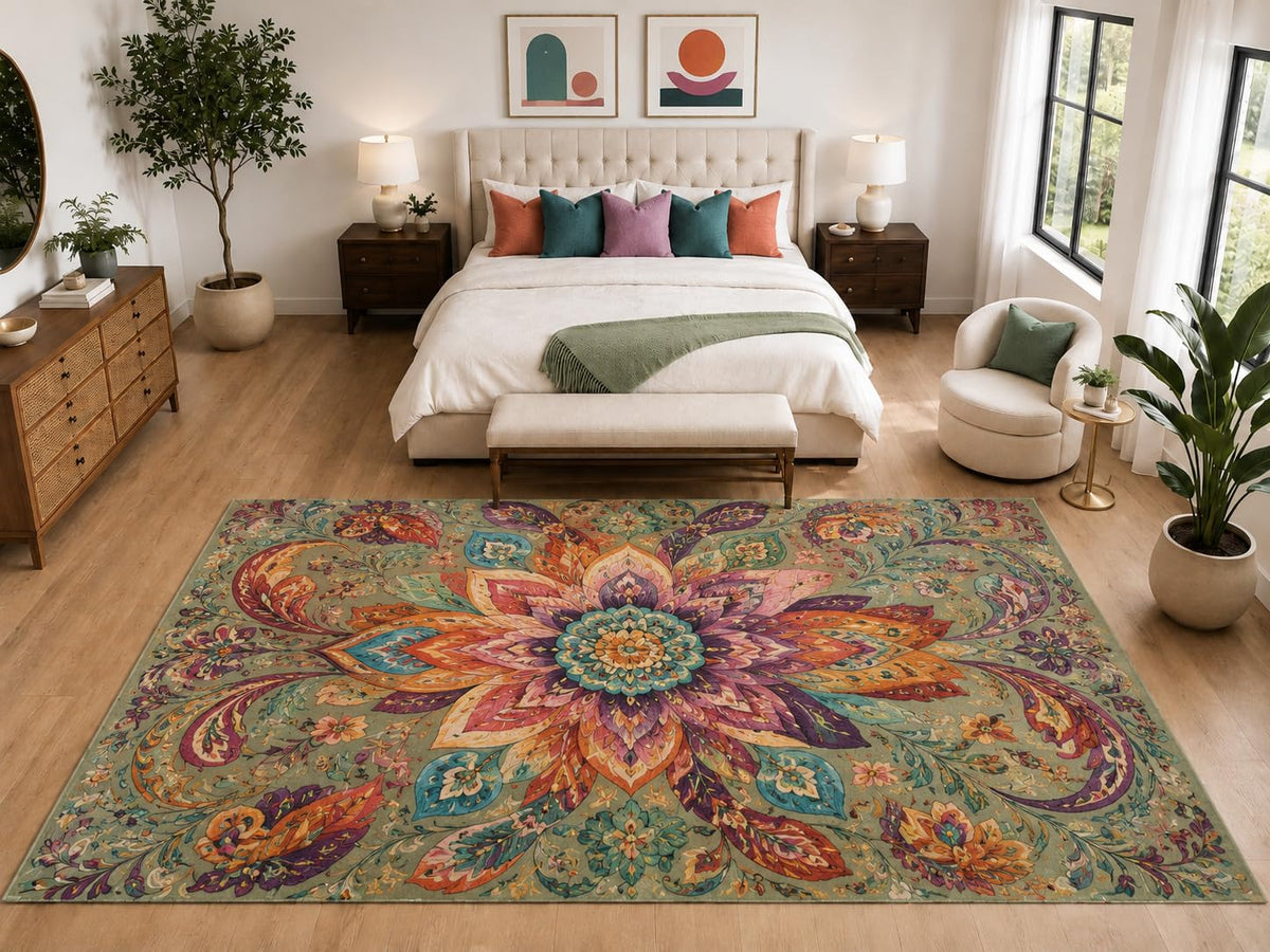 ICE ARMOR "Ultra Light Weight Large 6'7" x 9'10" Boho Floral Medallion Rug, Soft Low Pile Indoor Rug, Non-Slip Silicone Backing for Bedroom Sage