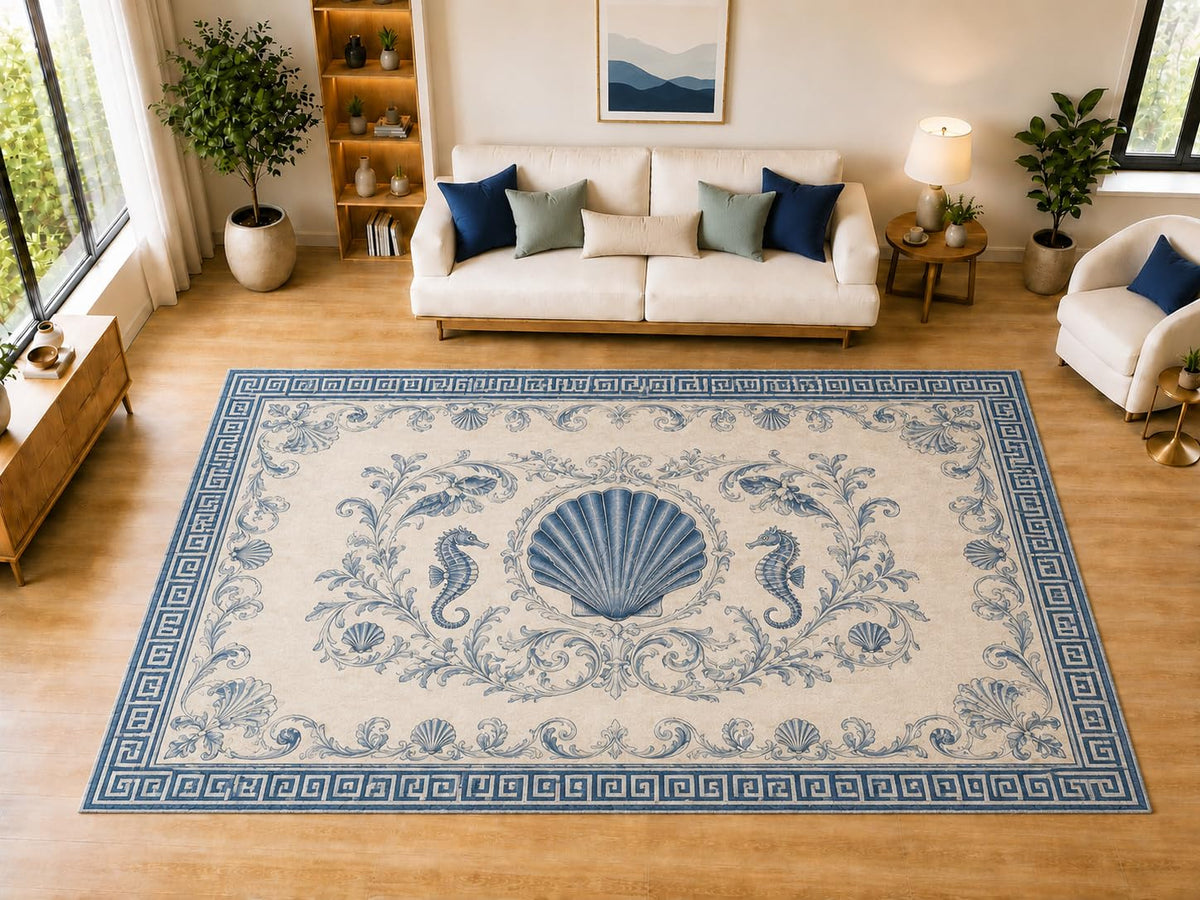 ICE ARMOR "Ultra Light Weight Large 6'7" x 9'10" Seahorse Scallop Medallion Area Rug for Dining, Living Room, Bedroom, Soft Low Pile Indoor Rug with Non-Slip Silicone Backing, Navy Cream