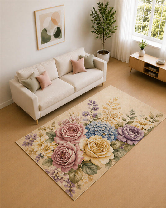 ICE ARMOR 5' x 7' Lavender and Ivory Rose Bouquet Area Rug for Living Room, Soft Low Pile Carpet with Non-Slip Silicone Backing, Decor for Bedroom and Home Office