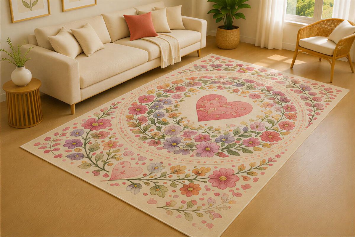 ICE ARMOR 5' x 7' Floral Heart Mandala Area Rug for Living Room, Soft Low Pile Indoor Rug with Non-Slip Silicone Backing, Decorative Carpet for Bedroom, Dining Room, Family Room, Office, Cream Pink