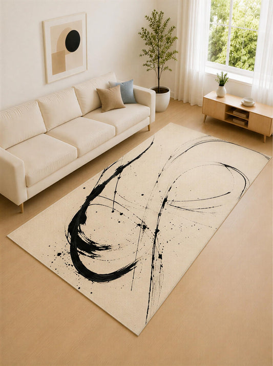 ICE ARMOR Large 6'7" x 9'10" Black and Ivory Ink Motion Area Rug for Living Room, Soft Low Pile Carpet with Non-Slip Silicone Backing, Decor for Bedroom and Home Office