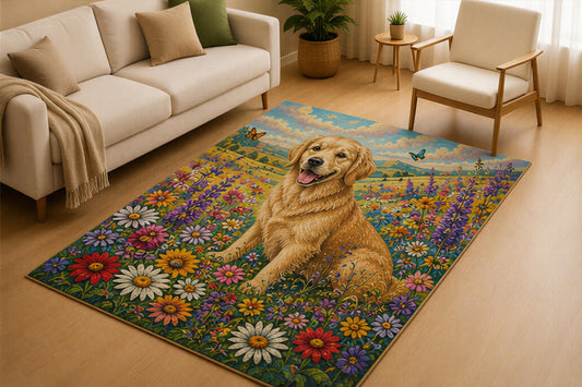 ICE ARMOR 5' x 7' Golden Retriever Wildflower Meadow Area Rug for Living Room, Soft Low Pile Indoor Rug with Non-Slip Silicone Backing, Carpet for Bedroom, Nursery, Kids & Pets, Blue Multicolor