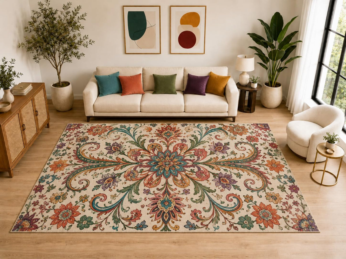 ICE ARMOR "Ultra Light Weight Large 6'7" x 9'10" Boho Floral Scroll Rug, Soft Low Pile Indoor Rug, Non-Slip Silicone Backing for Family Room Beige
