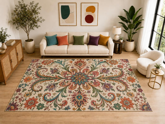 ICE ARMOR "Ultra Light Weight Large 6'7" x 9'10" Boho Floral Scroll Rug, Soft Low Pile Indoor Rug, Non-Slip Silicone Backing for Family Room Beige
