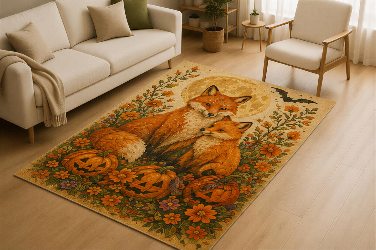 ICE ARMOR 5' x 7' Fox Family Halloween Area Rug for Living Room, Soft Low Pile Indoor Rug with Non-Slip Silicone Backing, Autumn Harvest Carpet for Bedroom, Family Room, Kids & Pets, Beige Orange