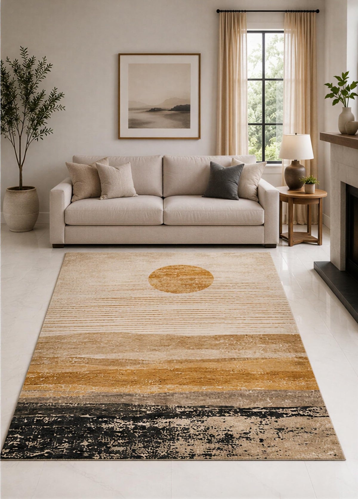 ICE ARMOR "Ultra Lightweight 5' x 7' Cream and Mustard Minimal Sunset Stripe Area Rug for Living Room, Bedroom and Home Office, Soft Low Pile Carpet with Non-Slip Silicone Backing