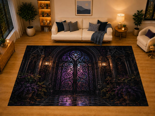 ICE ARMOR "Ultra Light Weight Large 6'7" x 9'10" Gothic Stained Glass Door Area Rug for Living Room Bedroom Dining Area, Soft Low Pile Non-Slip Backing, Black Purple Dark Academia Decor