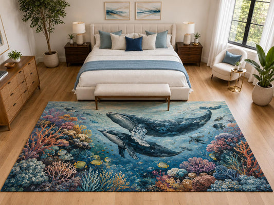 ICE ARMOR "Ultra Light Weight Large 6'7" x 9'10" Humpback Whale Reef for Family Room, Soft Low Pile Indoor Rug and Non-Slip Silicone Backing, Blue