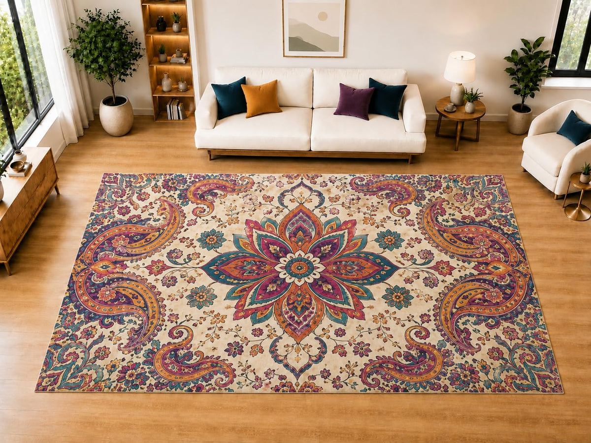 ICE ARMOR "Ultra Light Weight Large 6'7" x 9'10" Vibrant Lotus Floral Area Rug for Living Room, Bedroom, Dining Room, Soft Low Pile Non-Slip Backing, Teal Burgundy Orange