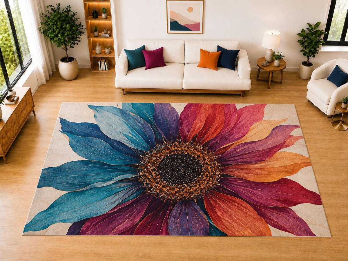 ICE ARMOR "Ultra Light Weight Large 6'7" x 9'10" Sunflower Bloom Area Rug for Living Room Bedroom Dining Room, Soft Low Pile Non-Slip Backing, Teal Burgundy Orange Purple Floral Decor