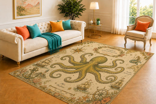 ICE ARMOR 5' x 7' Vintage Octopus Nautical Map Area Rug, Soft Low Pile Indoor Rug with Non-Slip Silicone Backing, Decorative Carpet for Living Room, Bedroom, Dining Room, Office, Ocean Theme Decor