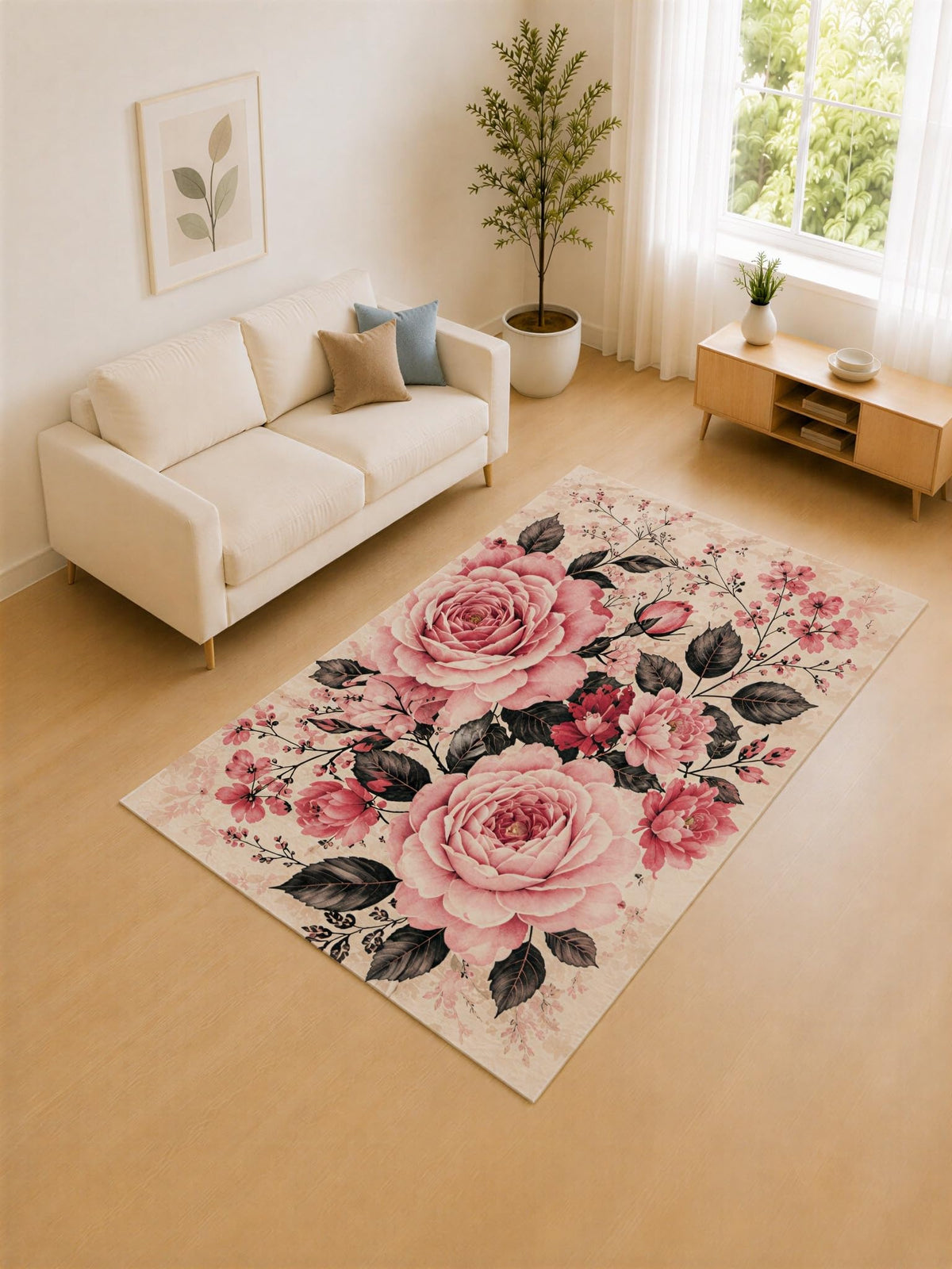 ICE ARMOR "Ultra Lightweight 5' x 7' Pink and Black Rose Garden Area Rug for Living Room, Bedroom and Home Office, Soft Low Pile Carpet with Non-Slip Silicone Backing
