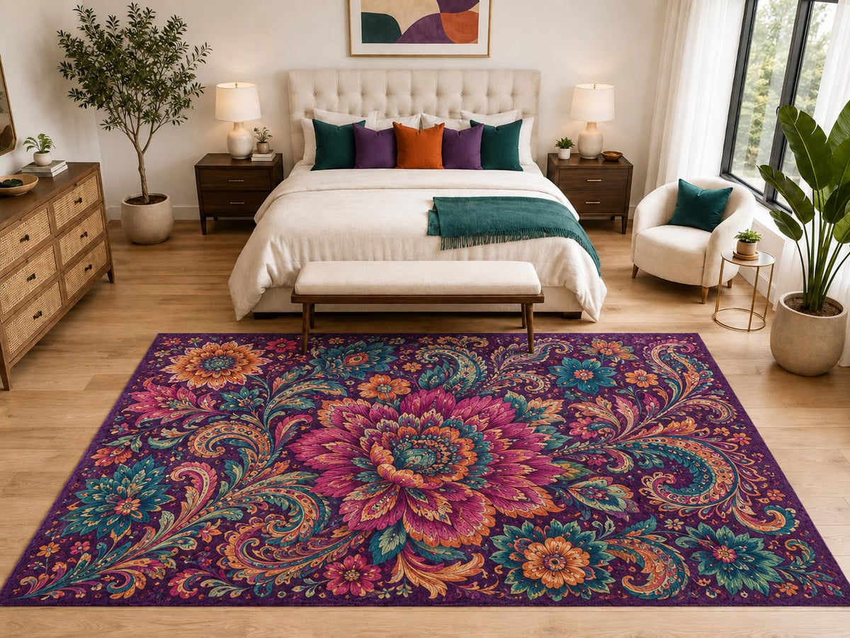 ICE ARMOR "Ultra Light Weight Large 6'7" x 9'10" Boho Floral Paisley Rug, Soft Low Pile Indoor Rug, Non-Slip Silicone Backing for Bedroom Purple