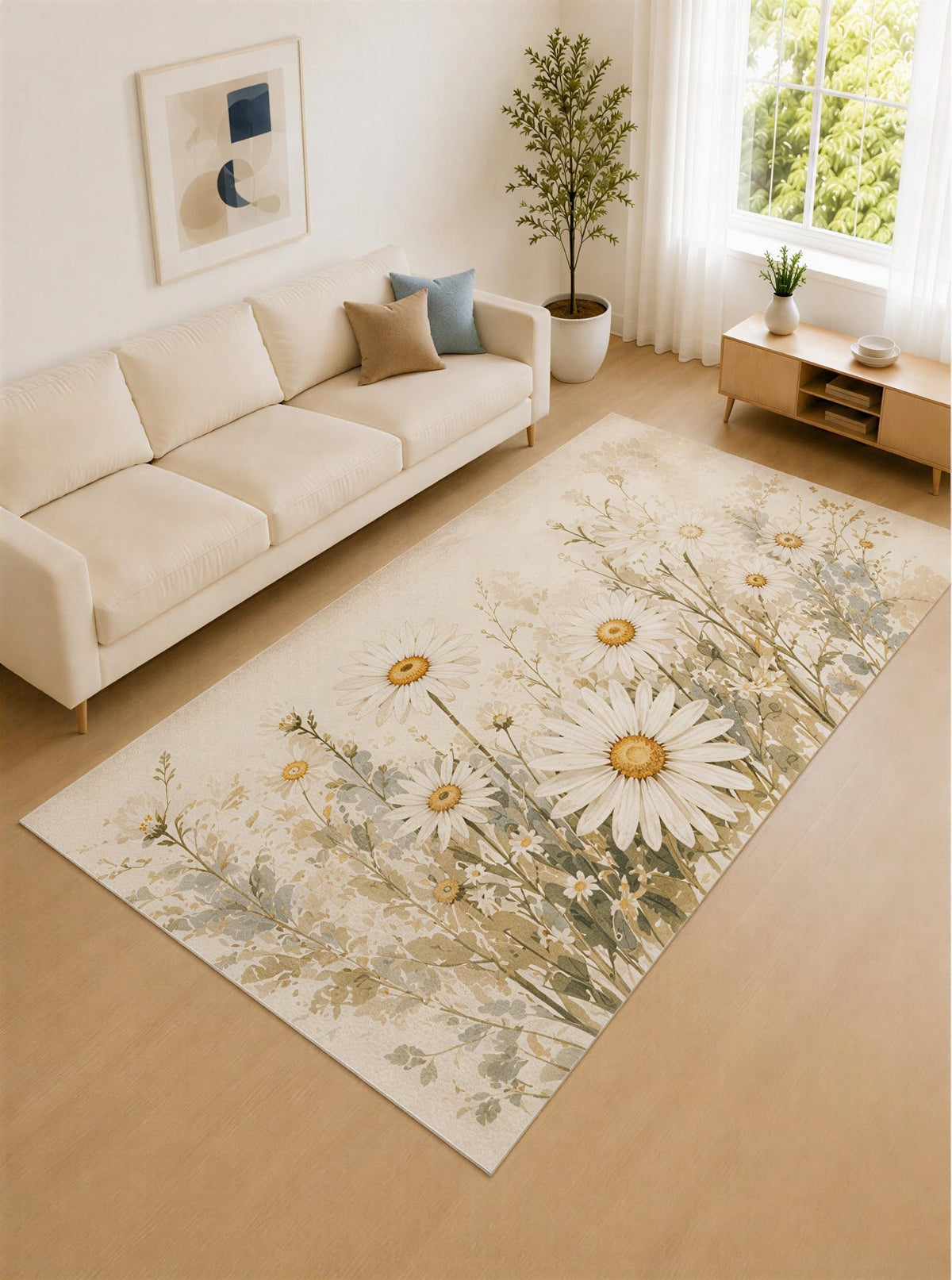 ICE ARMOR Large 6'7" x 9'10" Daisy White and Beige Meadow Bloom Area Rug for Living Room, Soft Low Pile Carpet with Non-Slip Silicone Backing, Decor for Bedroom and Home Office
