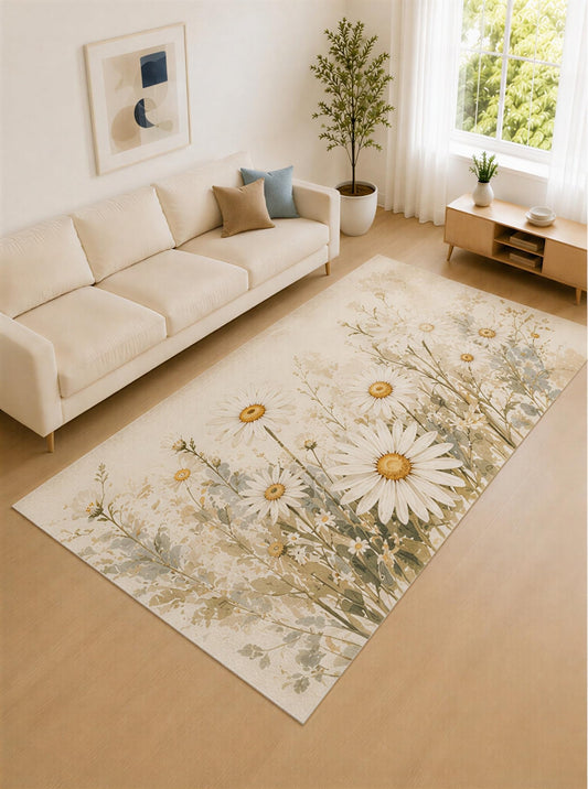 ICE ARMOR Large 6'7" x 9'10" Daisy White and Beige Meadow Bloom Area Rug for Living Room, Soft Low Pile Carpet with Non-Slip Silicone Backing, Decor for Bedroom and Home Office