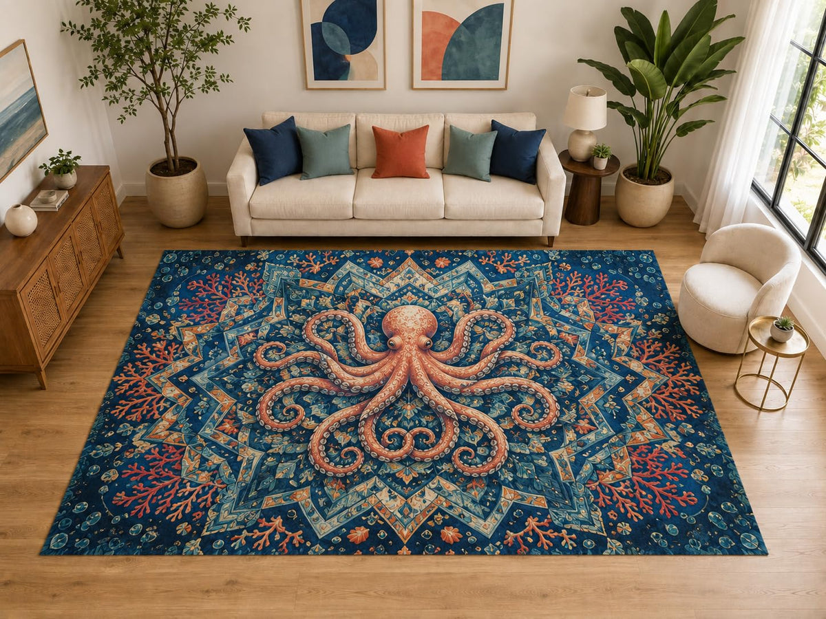 ICE ARMOR "Ultra Light Weight Large 6'7" x 9'10" Geometric Octopus Rug for Bedroom, Soft Low Pile Indoor Rug and Non-Slip Silicone Backing, Blue