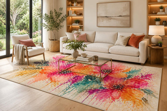 ICE ARMOR 6'7" x 9'10" Pink, Orange and Teal Watercolor Flowers Area Rug for Living Room, Soft Low Pile Carpet with Non-Slip Backing for Bedroom, Dining Room and Office