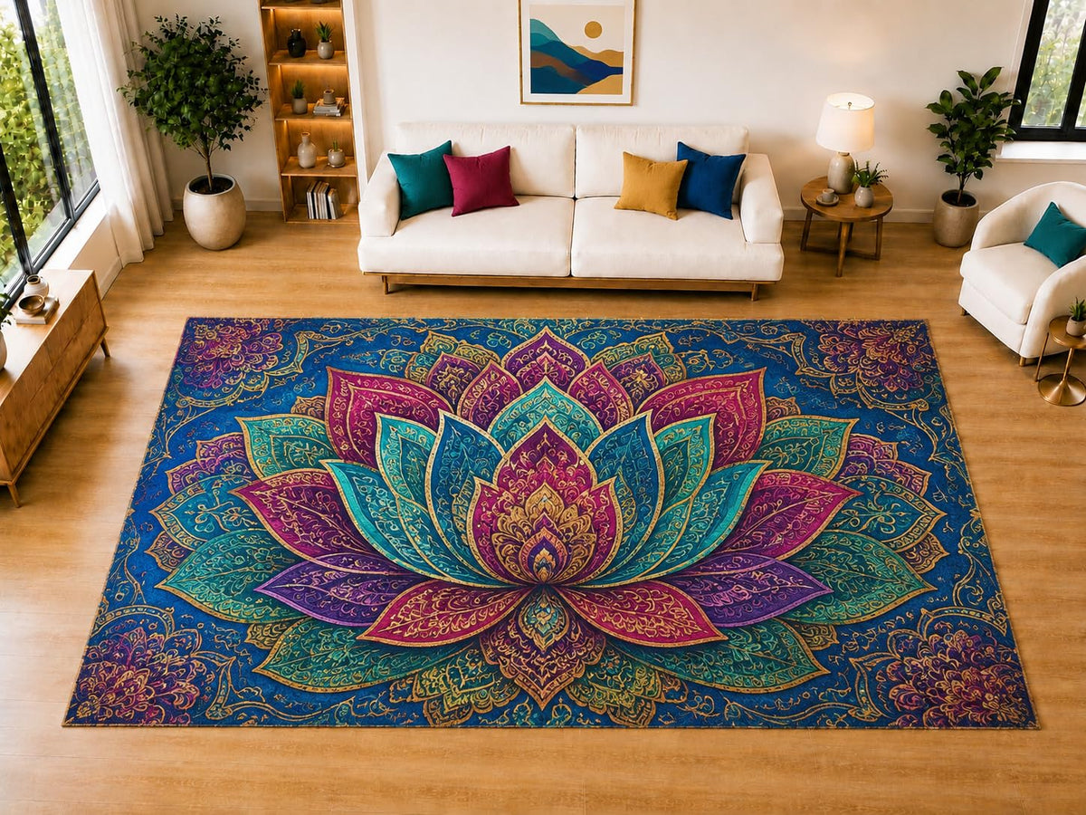 ICE ARMOR "Ultra Light Weight Large 6'7" x 9'10" Radiant Lotus Mosaic Area Rug for Living Room, Bedroom, Dining Room, Soft Low Pile Non-Slip Backing, Blue Magenta Turquoise Golden