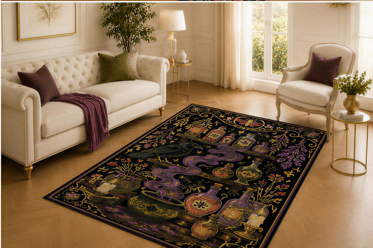 ICE ARMOR 5' x 7' Witch Potion Rug, Cauldron Bottle and Purple Smoke Pattern, Smooth Printed Floor Cover for Kitchen, Study, Lounge and Magical Home Decor