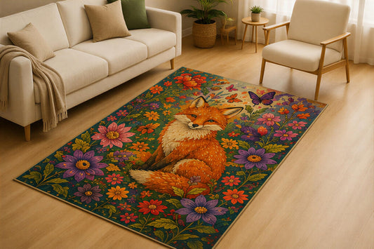 ICE ARMOR 5' x 7' Colorful Floral Fox Area Rug for Living Room, Soft Low Pile Indoor Rug with Non-Slip Silicone Backing, Botanical Wildlife Carpet for Bedroom, Office, Family Room, Teal Orange