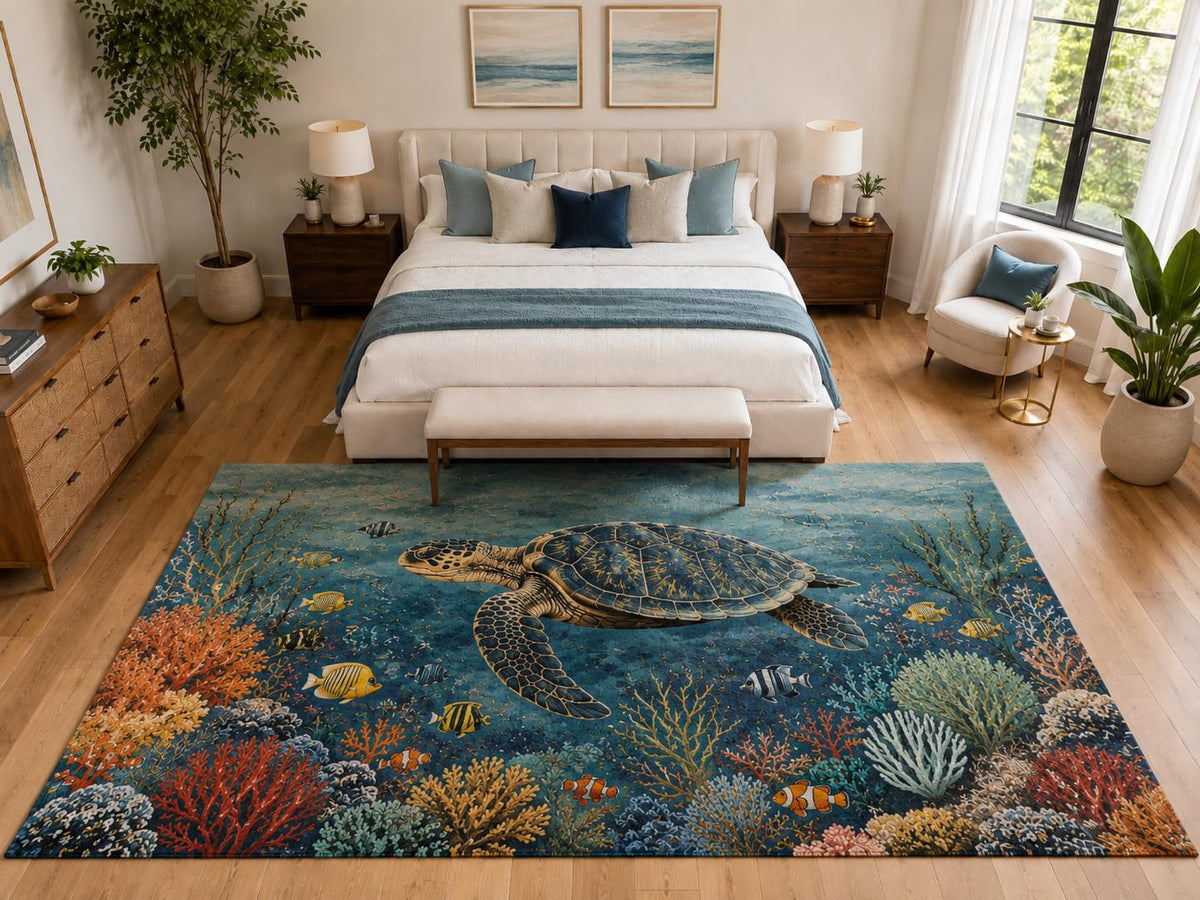 ICE ARMOR "Ultra Light Weight Large 6'7" x 9'10" Sea Turtle Reef for Living Room, Soft Low Pile Indoor Rug and Non-Slip Silicone Backing, Blue