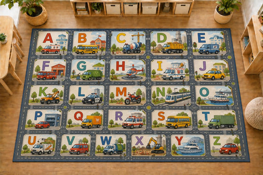 ICE ARMOR Large 6'7" x 9'10" Alphabet Vehicles Kids Area Rug, Soft Low Pile Indoor Rug with Non-Slip Silicone Backing for Kids Room, Playroom, Blue