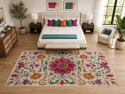ICE ARMOR "Ultra Light Weight Large 6'7" x 9'10" Vintage Floral Medallion Rug, Soft Low Pile Indoor Rug, Non-Slip Silicone Backing for Bedroom Beige