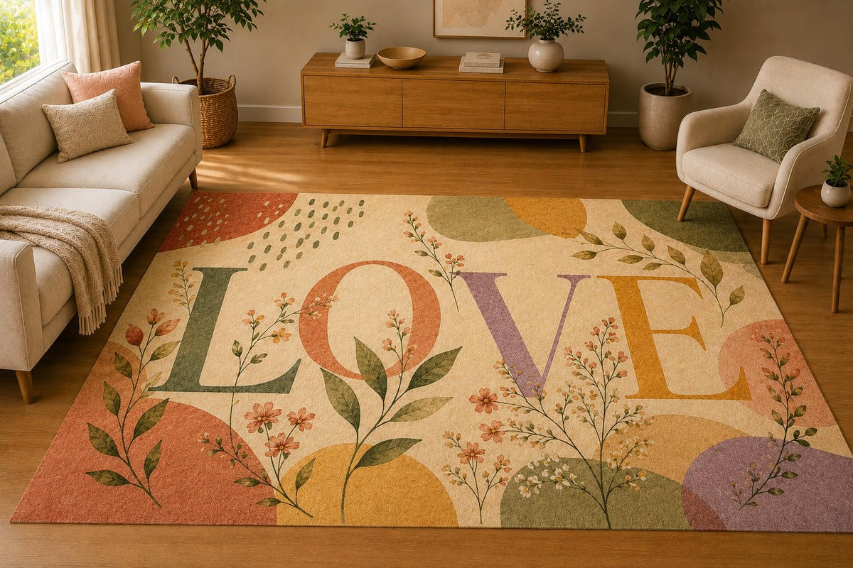 ICE ARMOR 5' x 7' Minimal Botanical Love Area Rug, Soft Low Pile Indoor Rug with Non-Slip Silicone Backing, Living Room, Bedroom, Office, Beige Sage