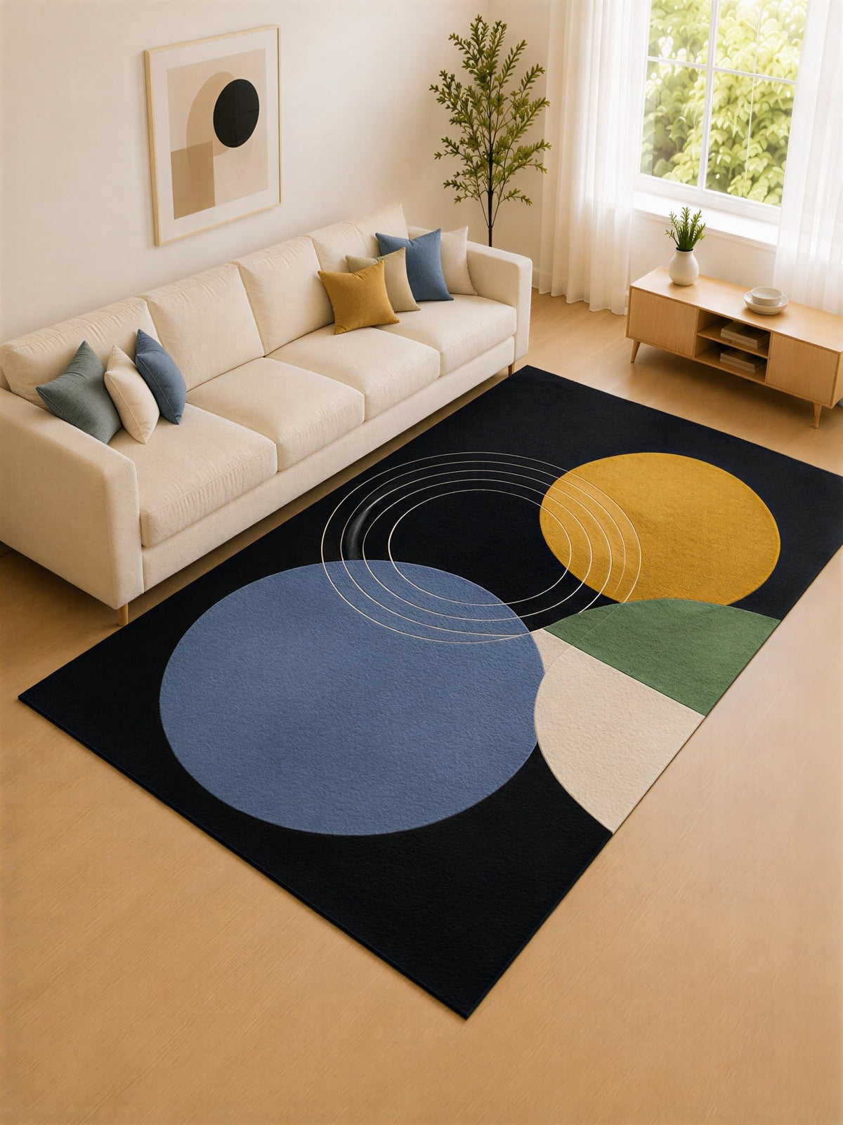 ICE ARMOR "Ultra Lightweight Large 6'7" x 9'10" Navy and Mustard Orbit Shapes Area Rug for Living Room, Bedroom and Home Office, Soft Low Pile Carpet with Non-Slip Silicone Backing