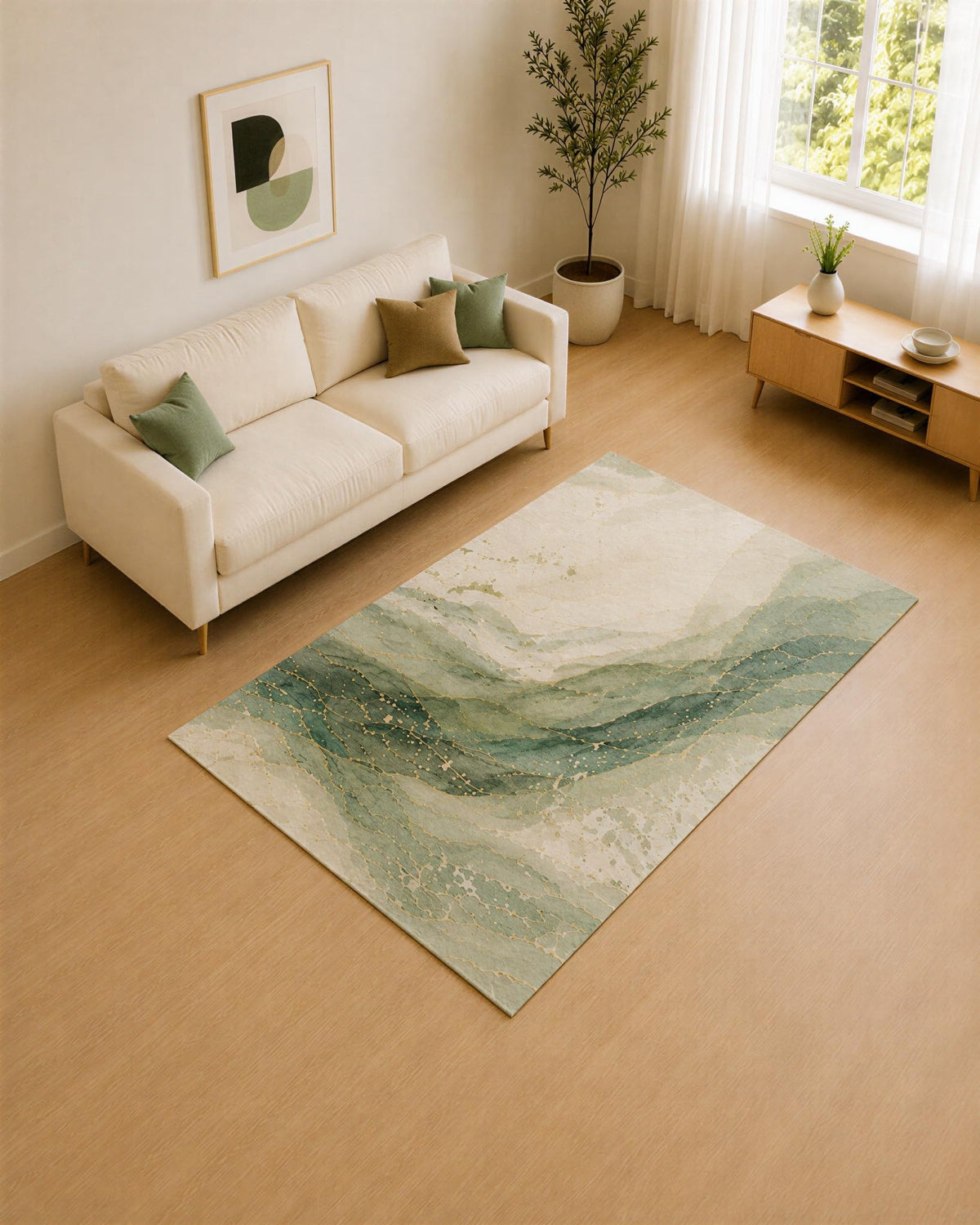 ICE ARMOR 5' x 7' Sage and Ivory Mountain Flow Area Rug for Living Room, Soft Low Pile Carpet with Non-Slip Silicone Backing, Decor for Bedroom and Home Office